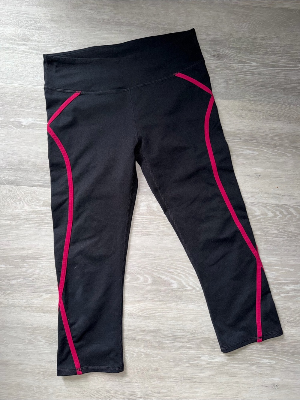 Fabletics Black Capri Leggings with burgundy Side Trim